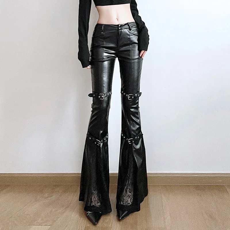 Street Fashion Female - Calça feminina de couro PU, fivela
